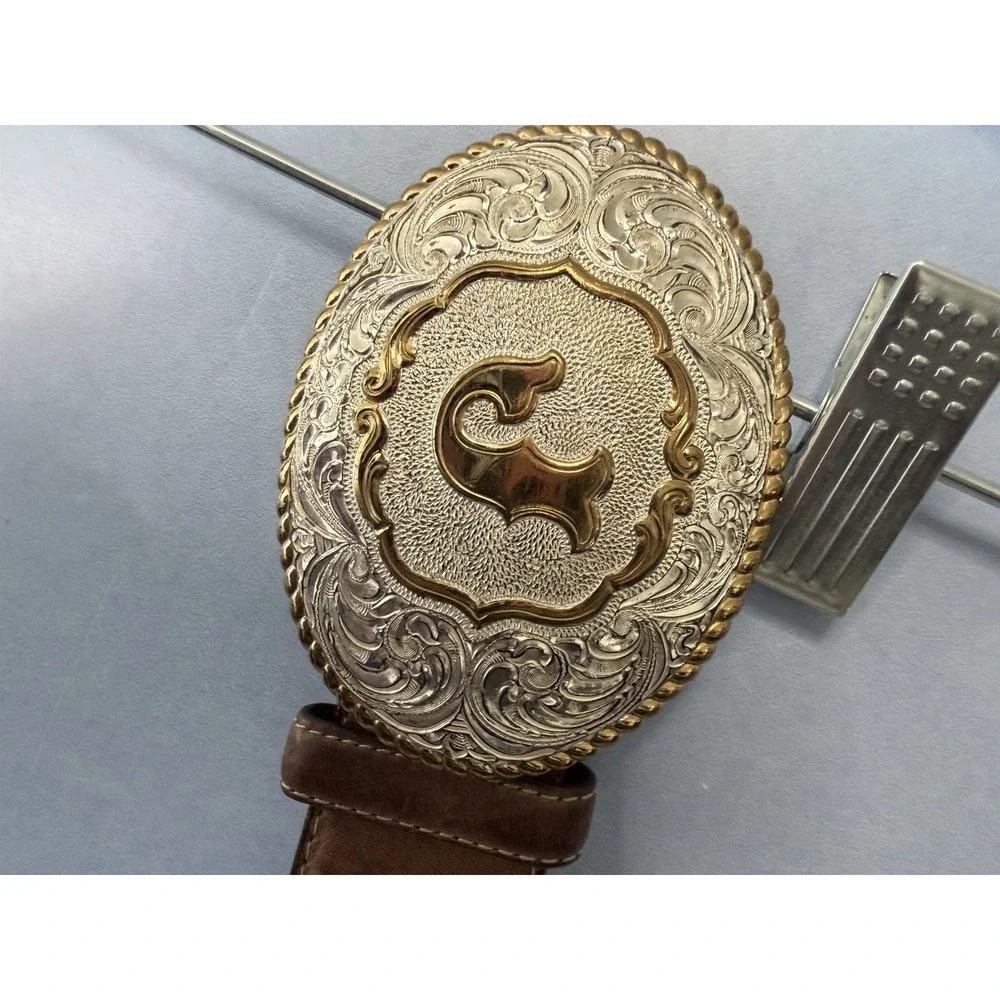 Vintage Justin Brown Leather Western Belt J Buckle Crumrine USA 34 929BD